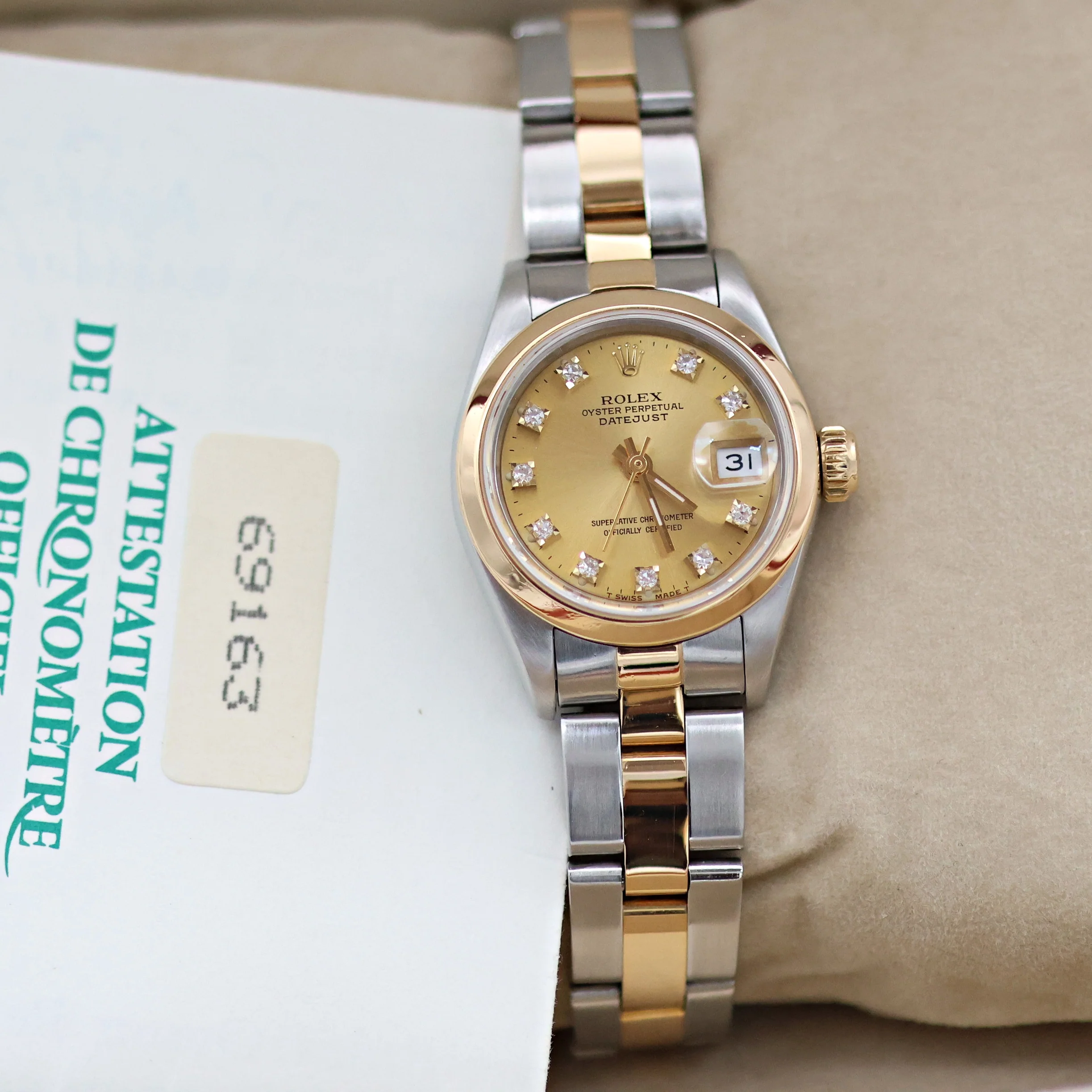 Rolex Datejust Lady ref. 69163 - Oyster Bracelet - Champagne Diamonds Dial - Full Set - Image 3