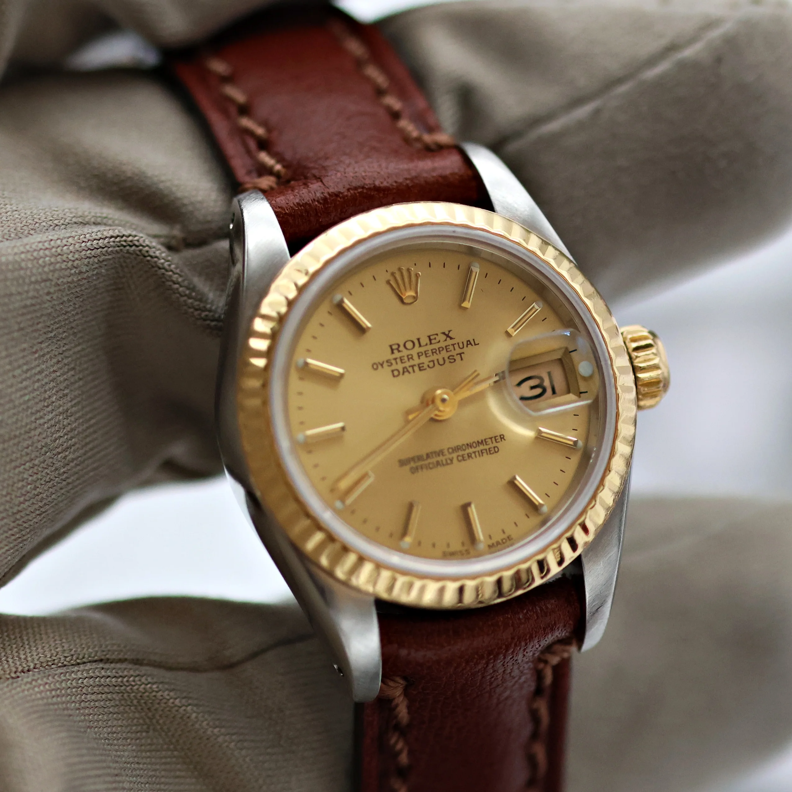 Rolex Datejust Lady ref. 69173 Steel/Gold - Champagne Dial - Leather Strap - Image 3