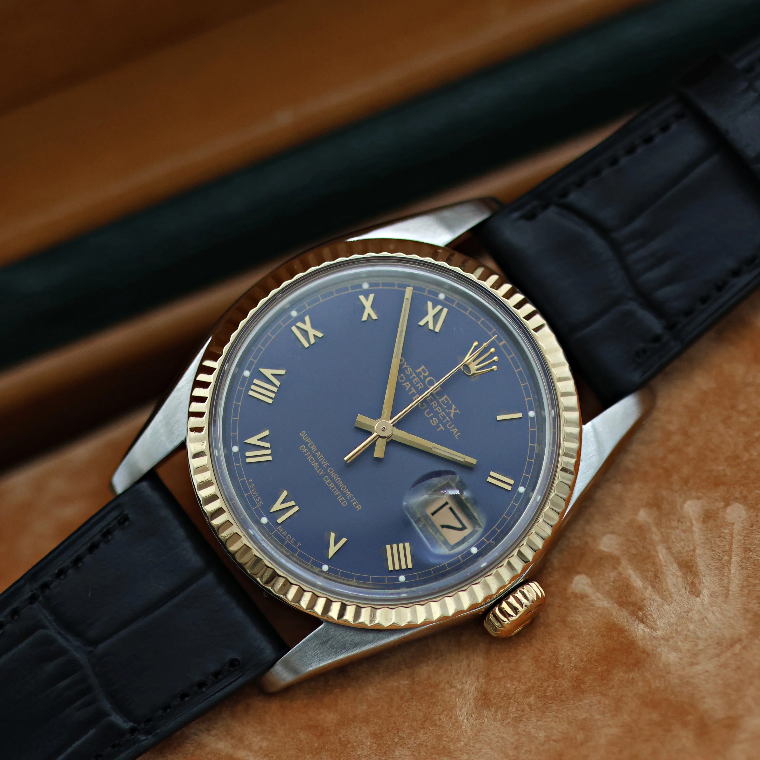ON SALE: Rolex Datejust ref. 16013 Blue Roman Dial - Leather Strap - Full set - Image 4