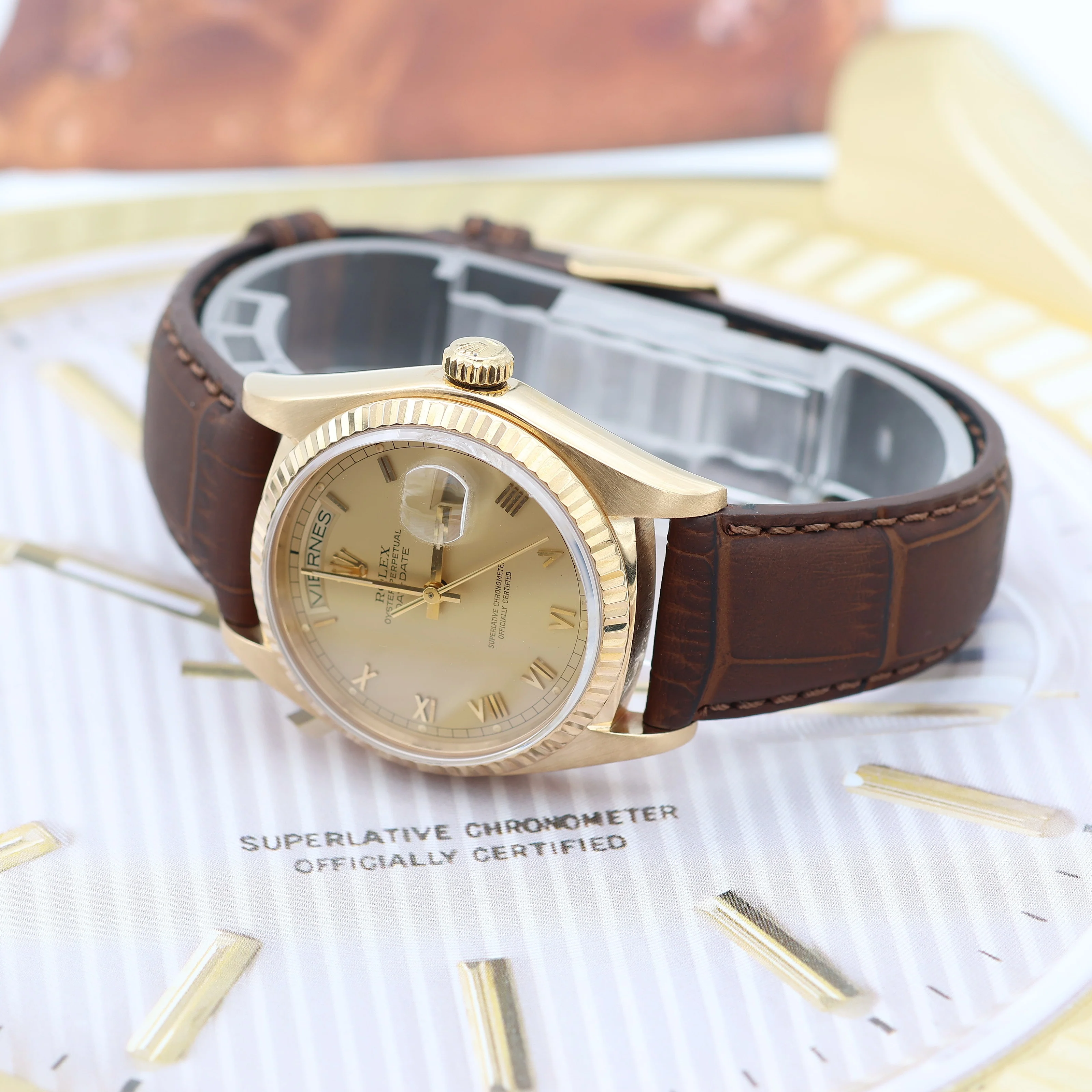 Rolex Day-Date ref. 18038 Champagne Roman Dial - Leather strap - Image 12