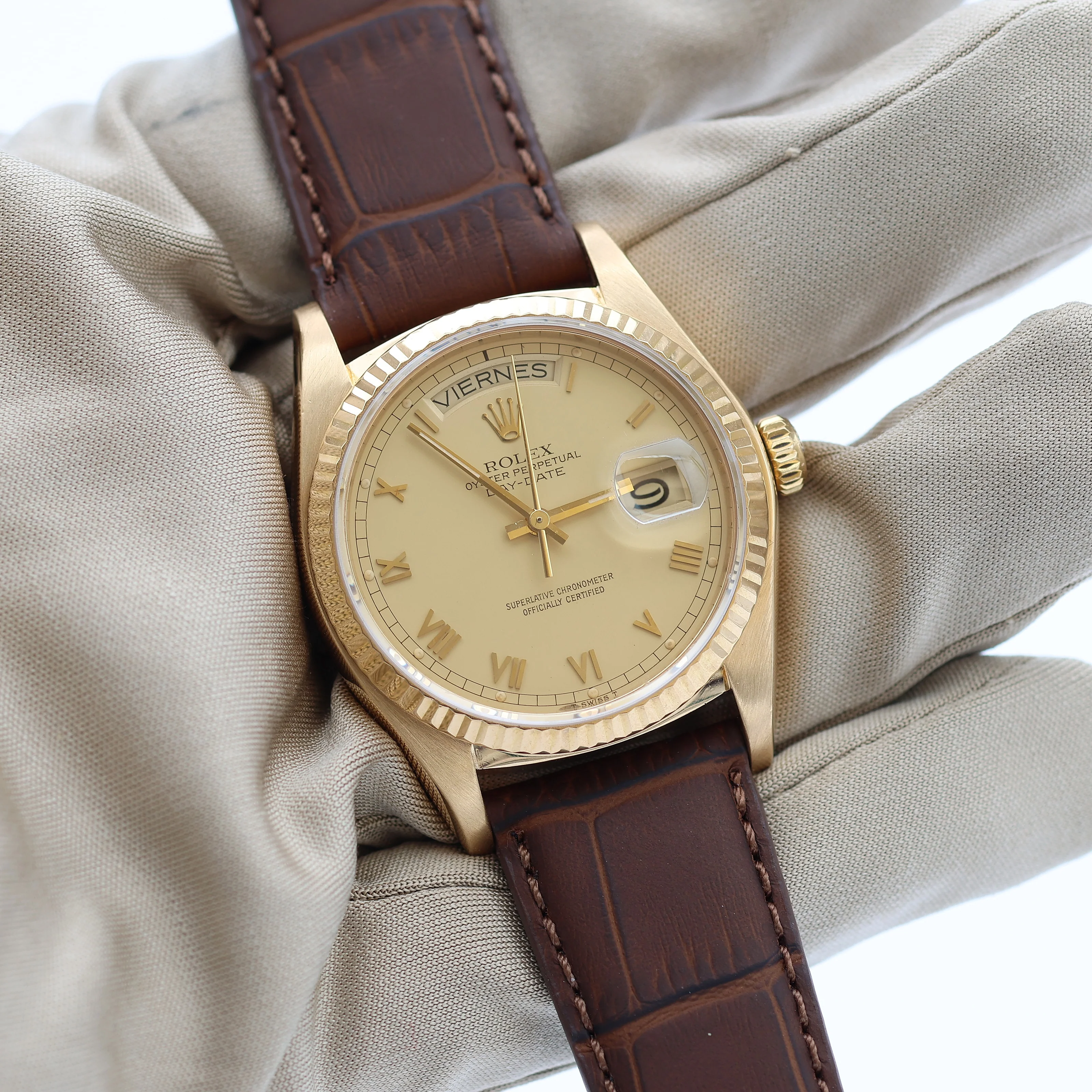 Rolex Day-Date ref. 18038 Champagne Roman Dial - Leather strap - Image 7