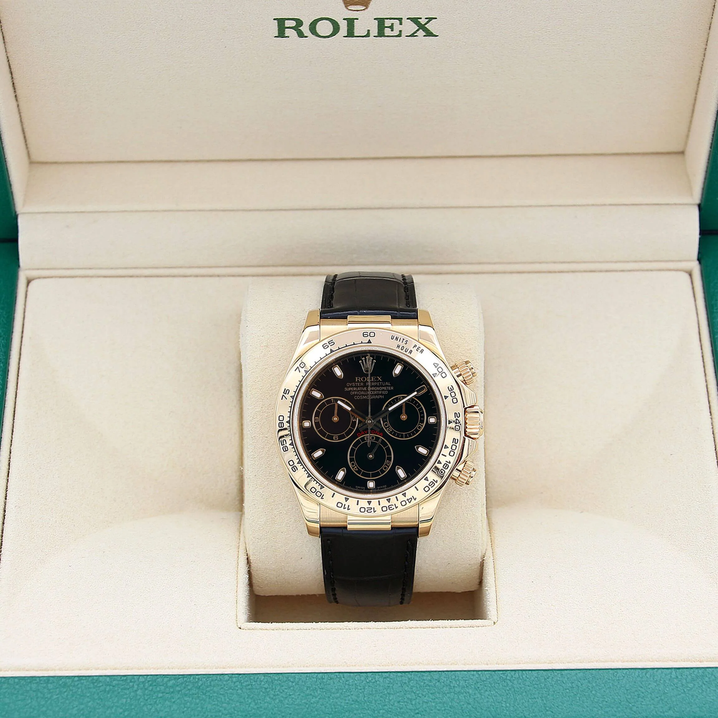 Rolex Daytona ref. 116518 - 18k Yellow Gold and Leather Strap - Black dial with black subdials- Full Set - Image 3