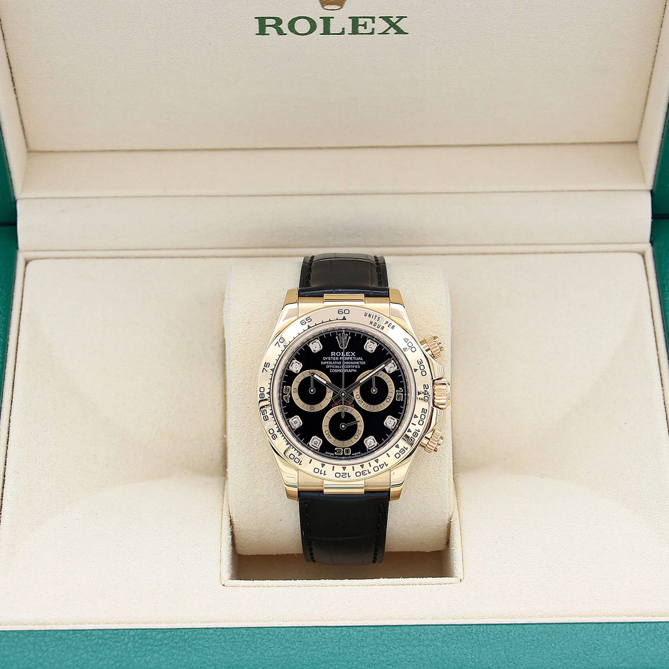 Rolex Daytona ref. 116518 - 18k Yellow Gold and Leather Strap - Black Diamonds dial - Full Set - Image 3
