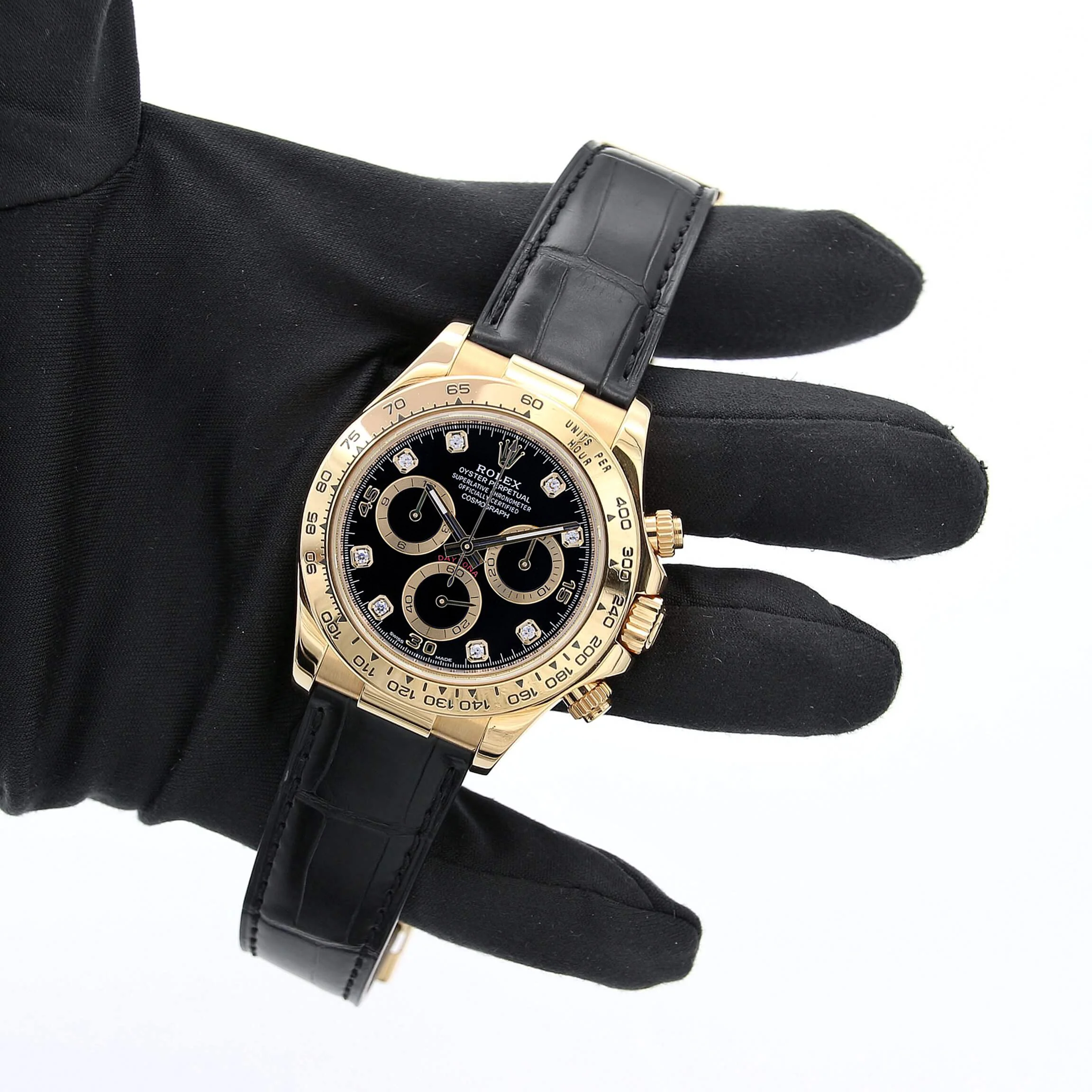 Rolex Daytona ref. 116518 - 18k Yellow Gold and Leather Strap - Black Diamonds dial - Full Set - Image 5