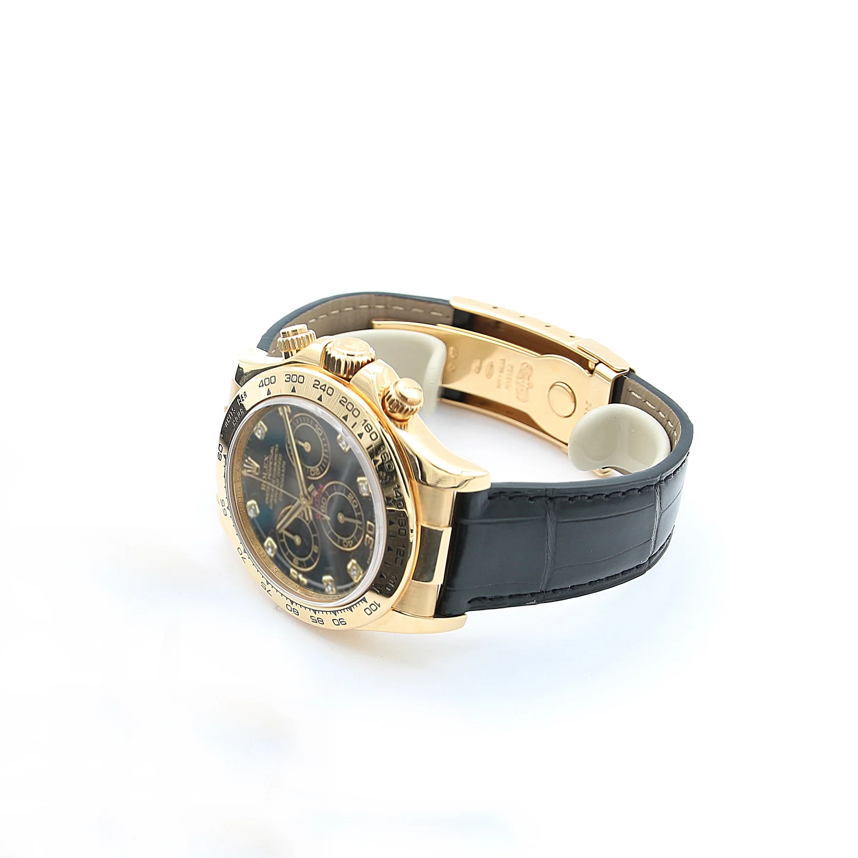 Rolex Daytona ref. 116518 - 18k Yellow Gold and Leather Strap - Black Diamonds dial - Full Set - Image 7