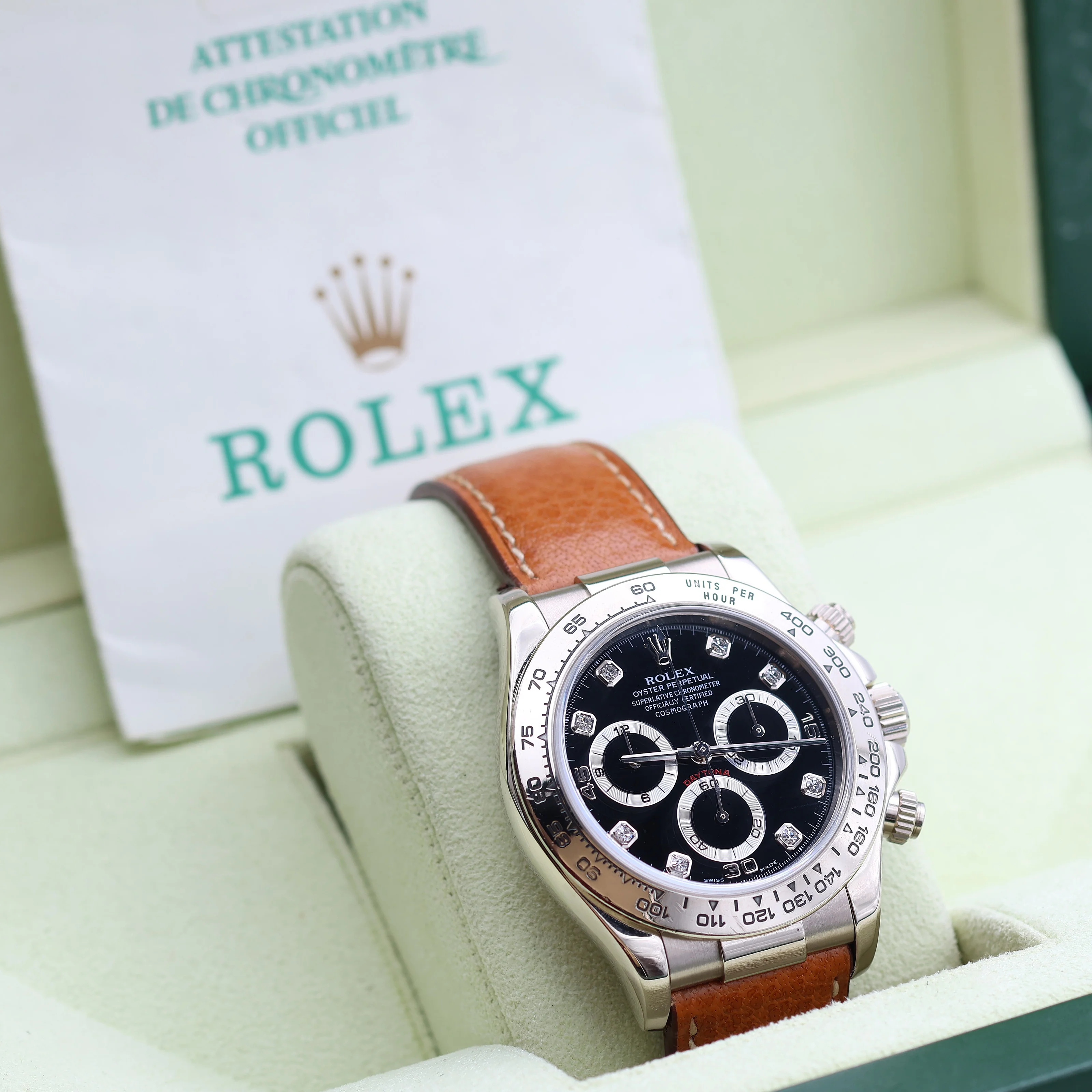 Rolex Daytona ref. 116519 Black Dial with Diamonds - White Gold 18K - Leather Strap