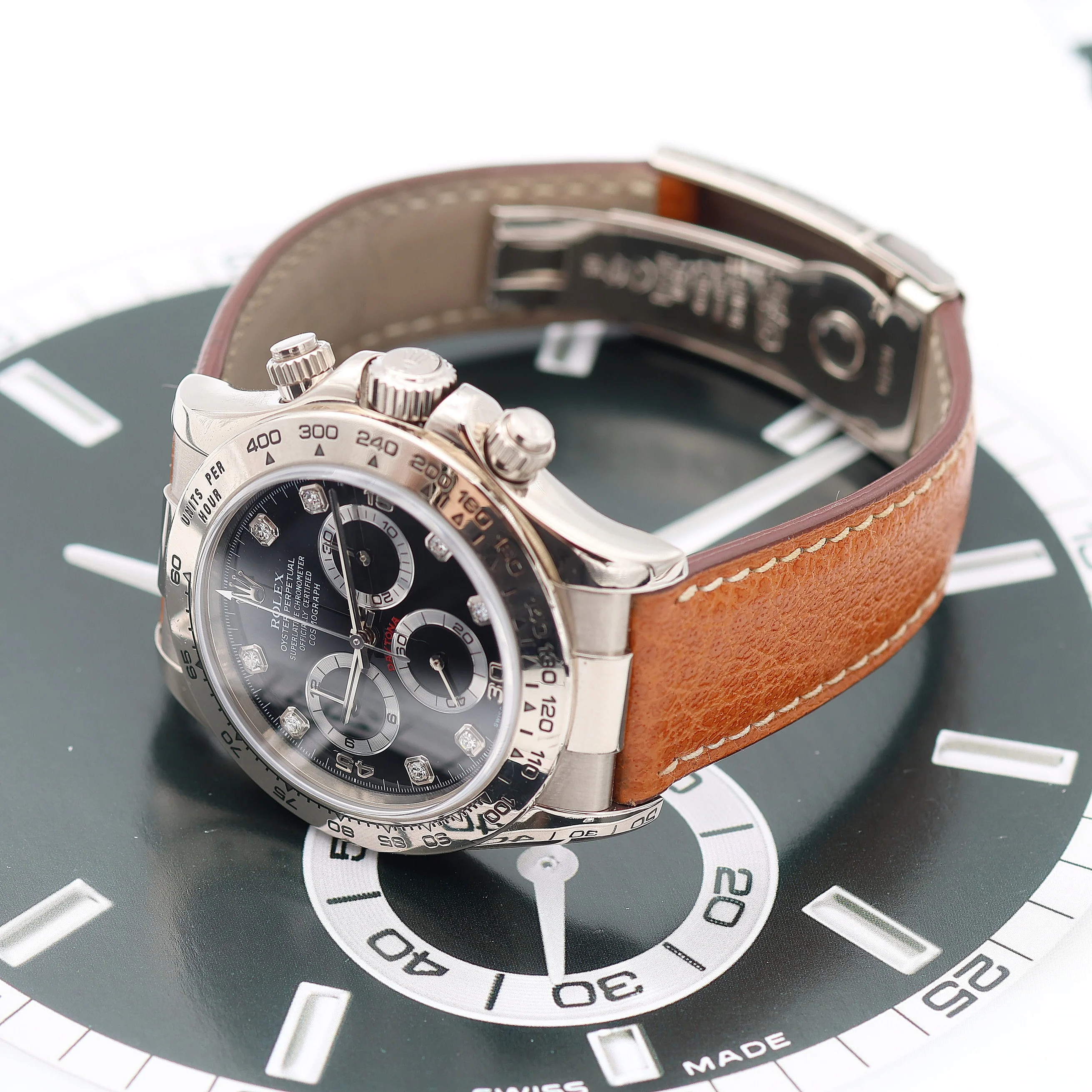 Rolex Daytona ref. 116519 Black Dial with Diamonds - White Gold 18K - Leather Strap - Image 10