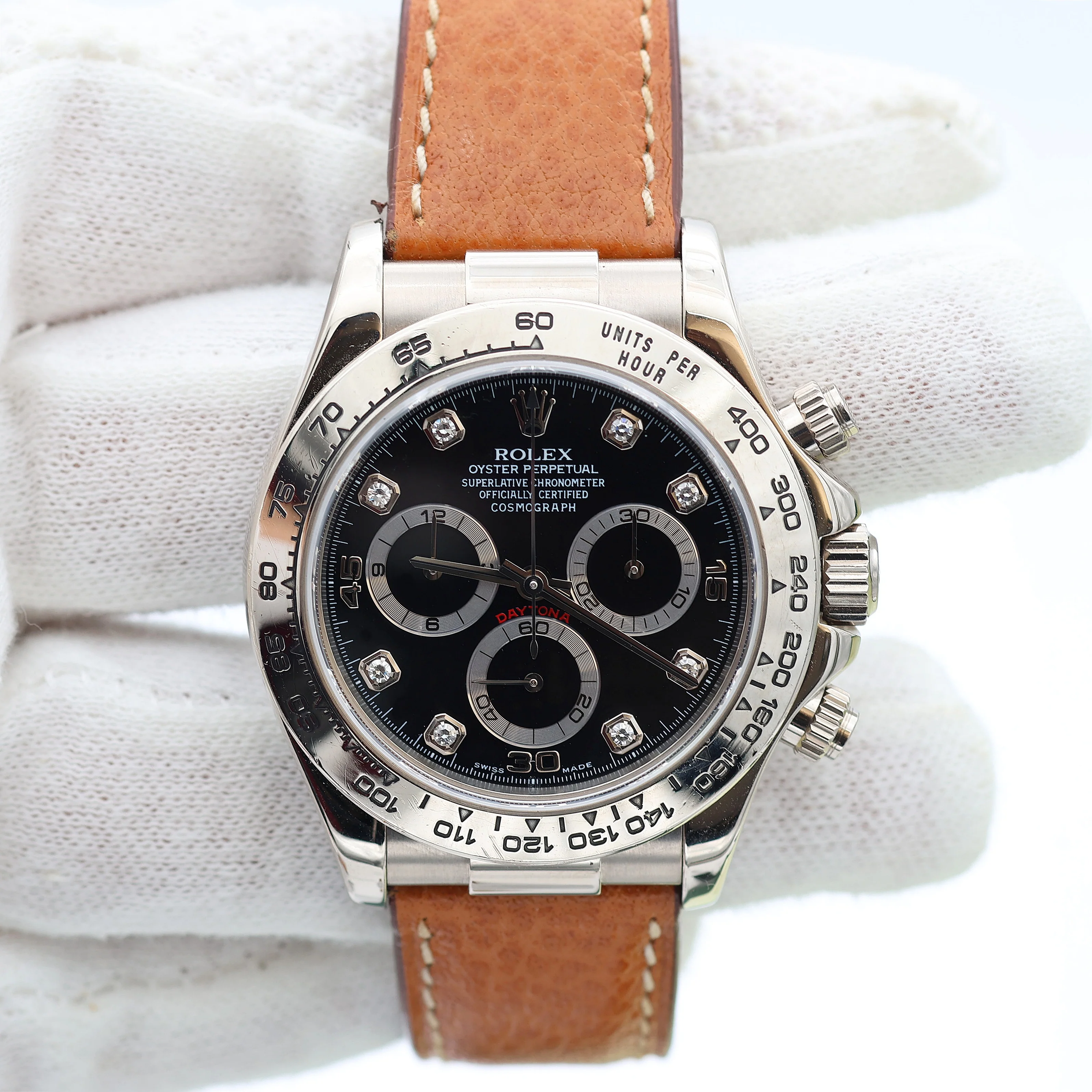 Rolex Daytona ref. 116519 Black Dial with Diamonds - White Gold 18K - Leather Strap - Image 3