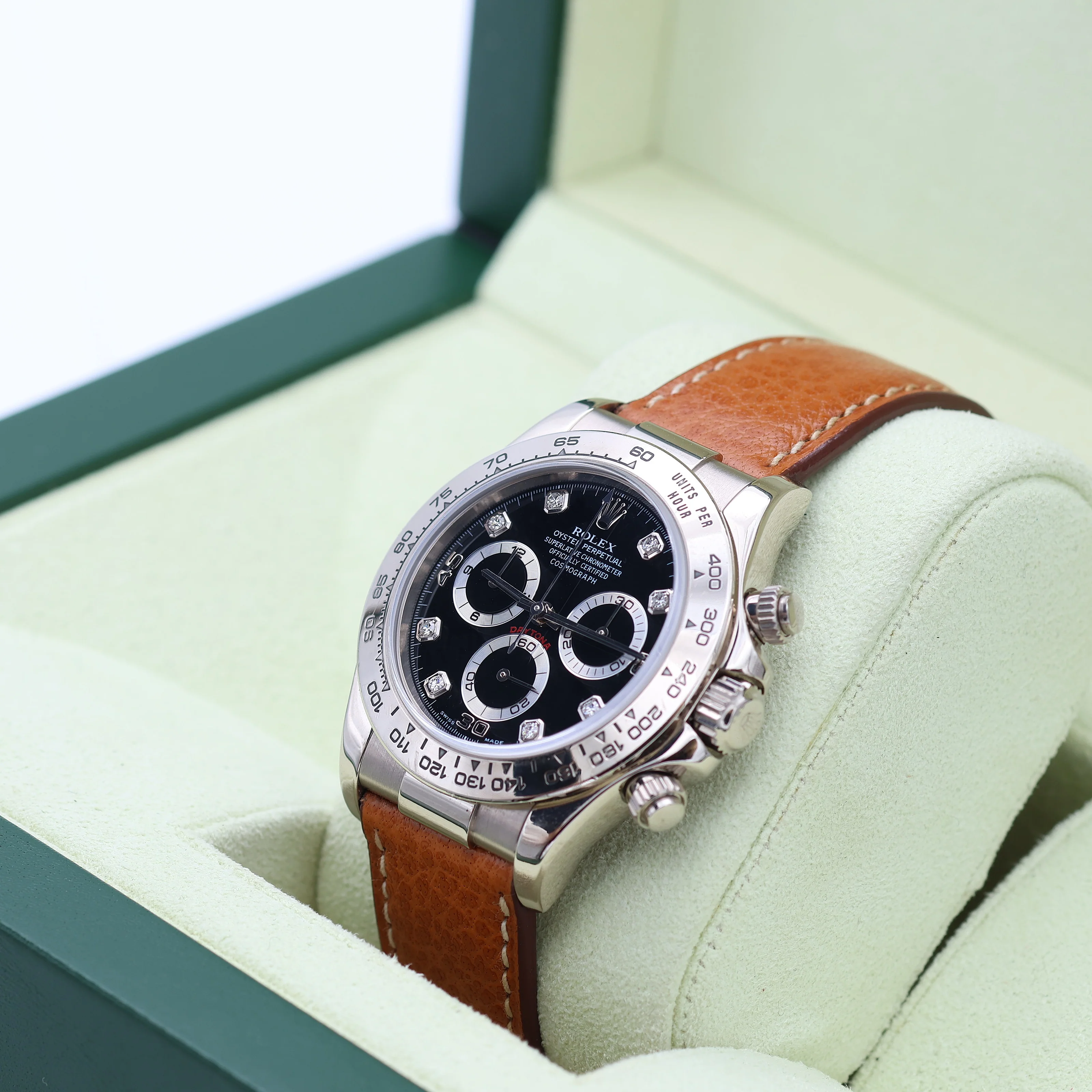 Rolex Daytona ref. 116519 Black Dial with Diamonds - White Gold 18K - Leather Strap - Image 6