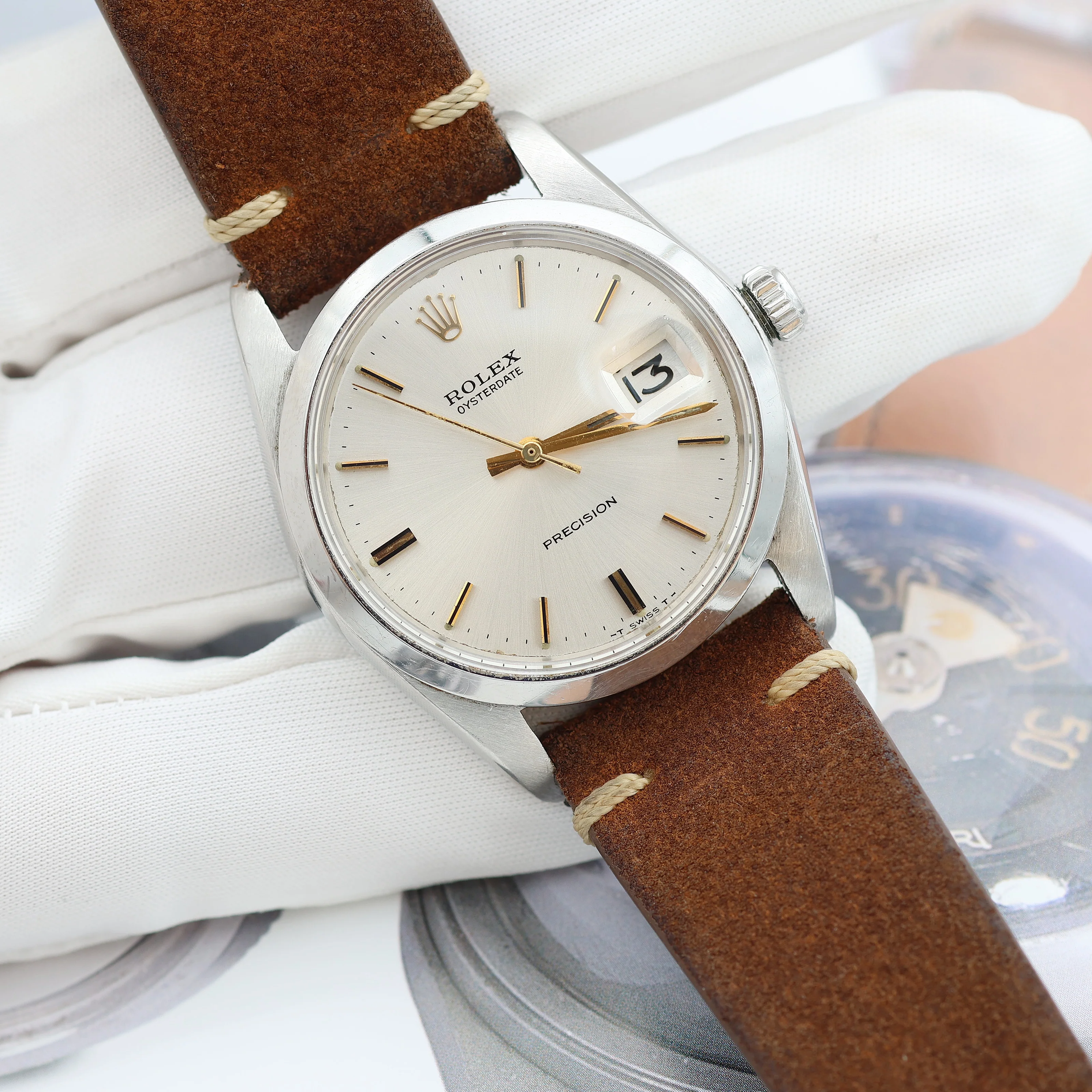 Rolex Precision ref. 6694 - Silver Dial with Golden Indexes (V2) - Leather Strap - Image 2